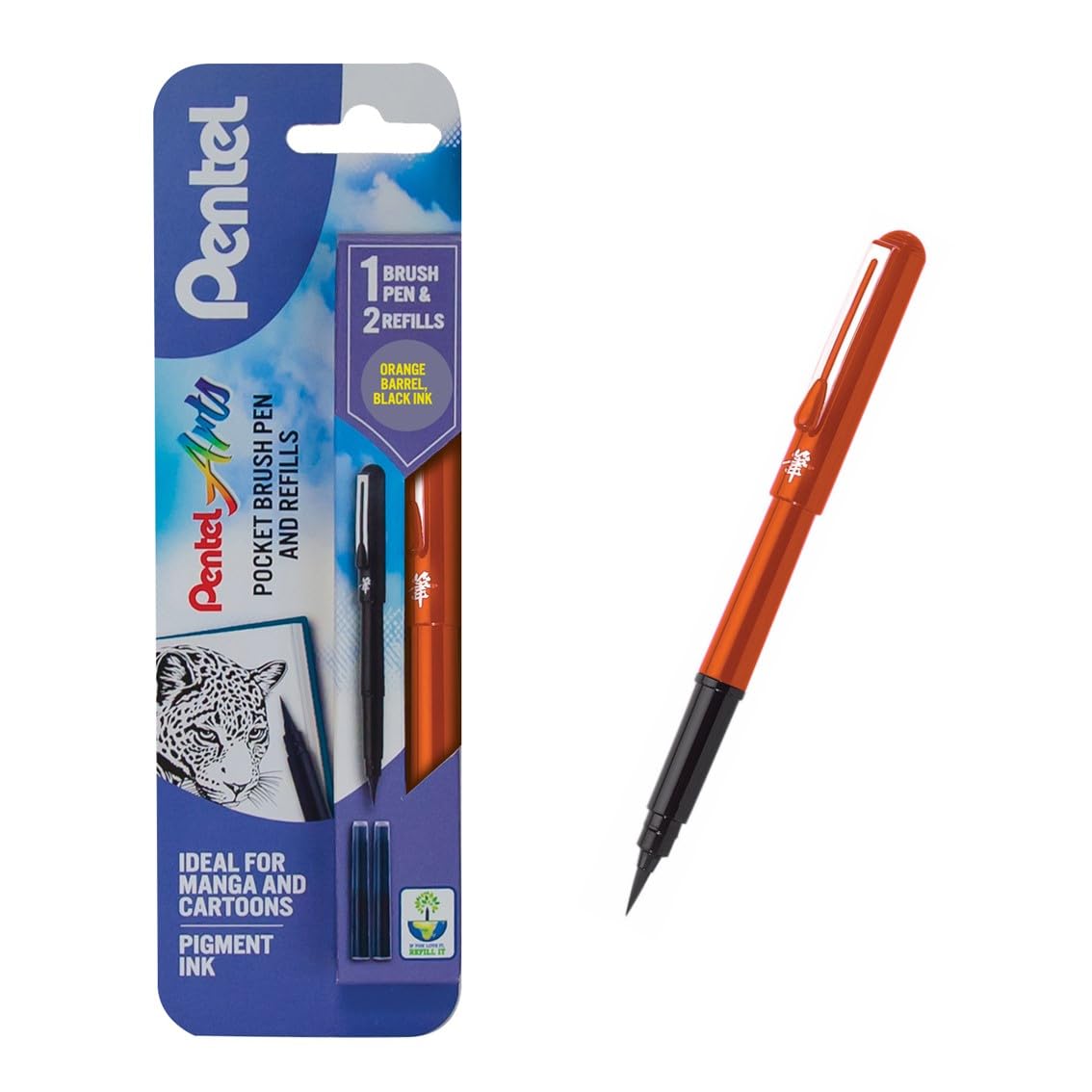 Pentel XGFKPF/FP10-A Pocket Brush Pen with 2 Refills - Orange Barrel