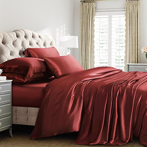 Reliable Bedding 100% Pure Silk Satin Sheet Set 7pcs, Silk Fitted Sheet 15'' Deep Pocket,Silk Flat Sheet,Silk Duvet Cover & Pillowcases Set !!! Full, Burgundy
