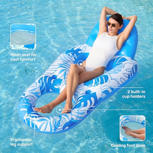 SLOOSH Inflatable Pool Floats, Recliner for Adults, Pool Float with Adjustable Backrest, Floating Chair with Cup Holder and Footrest for Summer Pool Party