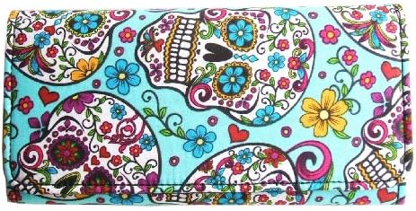 Pretty Sugar Skulls &amp; Flower Cotton Tri Fold Clutch Wallet