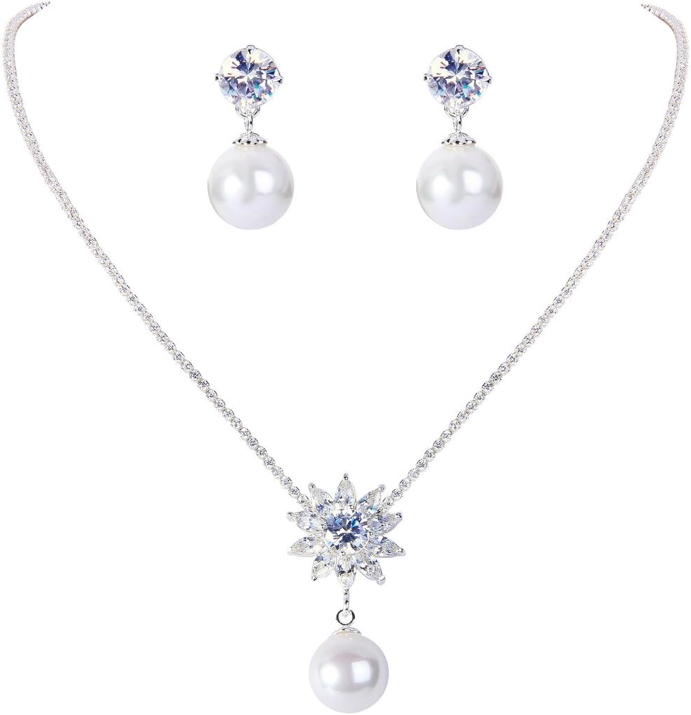 EleQueen Women's Cubic Zirconia White Simulated Pearl Flower Bridal Necklace Earrings Jewelry Set