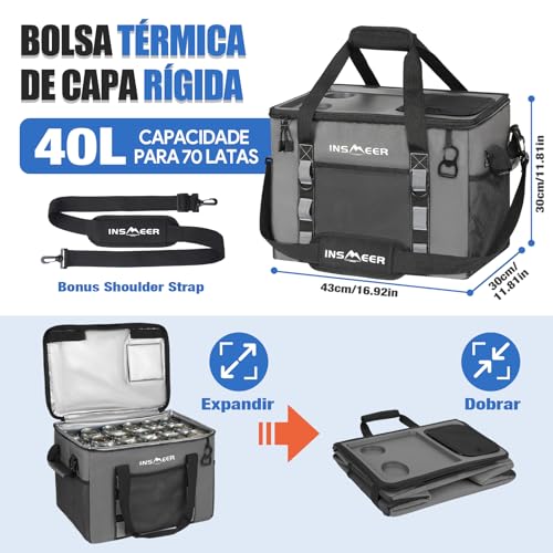 INSMEER Bolsa Termica Grande de Capota Rígida com 2 Porta-Copos, Saco Refrigerador Dobrável - 70 latas, À Prova de Vazamentos/Portátil Cooler Termico para Praia, Acampamento, Churrasco, Eventos