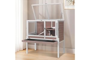 JOYQINCHEN Wooden Guinea Pig Cages Indoor,Two-Story Wooden Rabbit Cage Hutch with Removable Stand and Pull Out Tray, Small Animals Cage Habitat with Ramp and Wire Mesh(Brown&White)