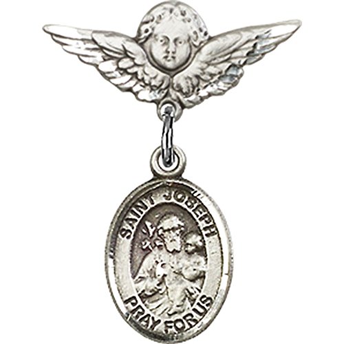 Sterling Silver Baby Badge with St. Joseph Charm and Angel w/Wings Badge Pin 7/8 X 3/4 inches