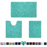 HOMEIDEAS 3 Pieces Bathroom Rugs Set Turquoise, Luxury Soft Chenille Bath Mats Set, Absorbent Shaggy Bath Rugs & Slip Resistant Plush Bath Mats for Tub, Shower, Bathroom