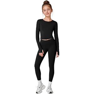 Haloumoning Girls 2 Piece Athletic Sets Long Sleeve Top High Waist Leggings | Crop Tops with Thumb Hole, Stretchy Pants, Acti