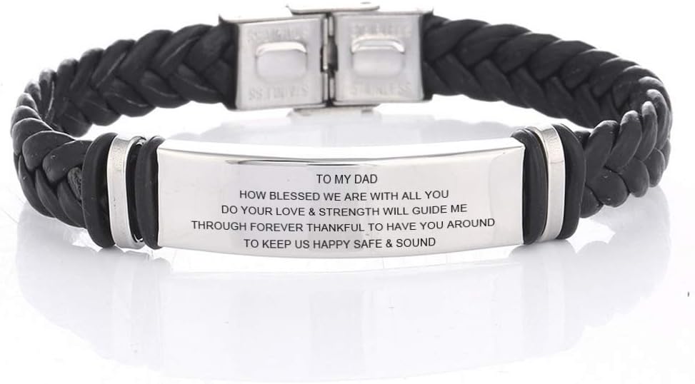 LiFashionLF Free Engraving 316L Stainless Steel Name Customized to My DAD Bracelet Braided Leather Sentiment Motivational Mens Cuff Bracelets for Dad for Birthday from Mom Dad