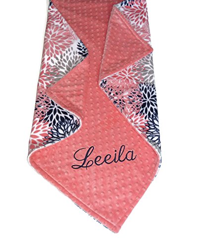 Personalized Baby Blanket or Lovey, Personalized Minky Baby Blanket, Coral, Navy and Gray Floral Blooms Blanket