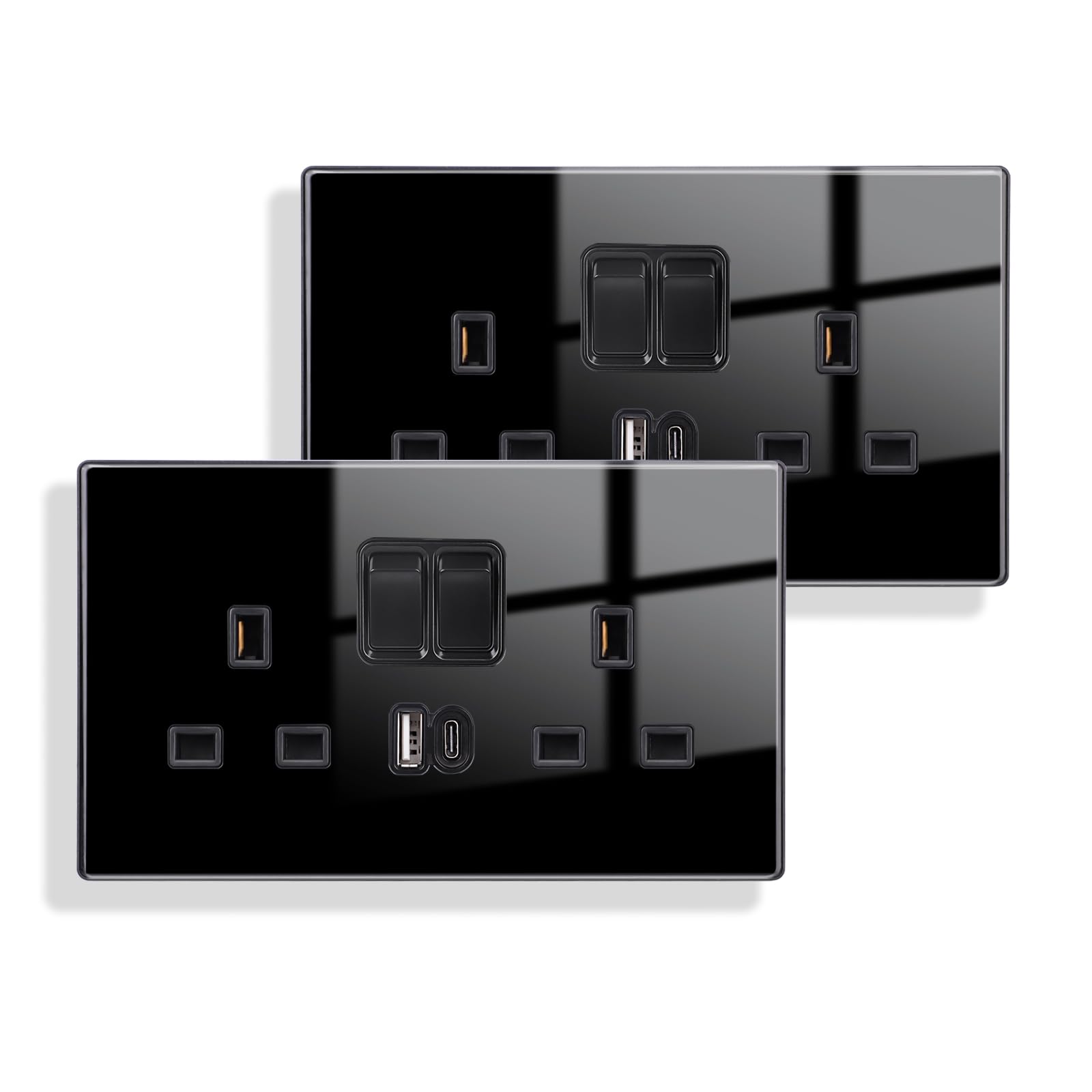 JIMEIDA 2 Pack Double Switched Socket Black 20W Fast Charging with USB A and USB C Charging Ports Crystal Glass Panel Wall Outlet 13 Amp