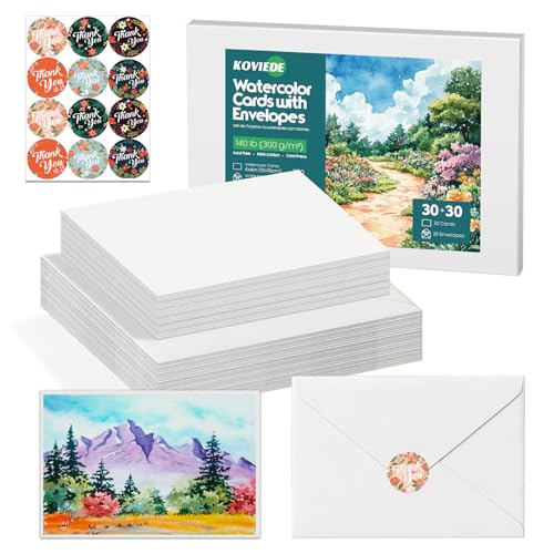 KOVIEDE 30 Sheets Blank Watercolor Cards with Envelopes 4”x6” – 140lb/300gsm 100% Cotton Non-Folded Acid-Free Heavyweight Watercolor Postpaper for Painting, Greeting Cards, DIY Art Projects