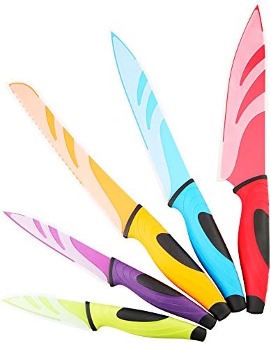 Kitchen Knife Set, QcoQce 5 kitchen knives with 5 Knife Sheath Covers, Chef Knife Sets with Carving Serrated Utility Chef's and Paring Knives - Colored Knife Set FDA Approval