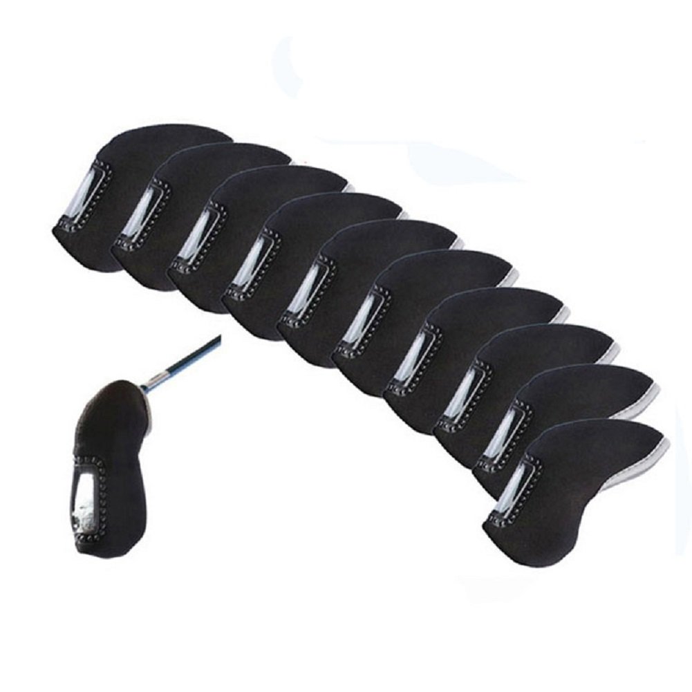 FLTRADE Golf Club Iron Head Covers With Plastic Window Display,Neoprene Material Bring For Titleist Taylormade Ping Callaway-pack of 10,Black