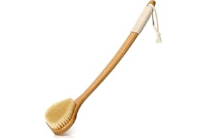 eaxun Bamboo Back Scrubber with Curved Long Handle, 17.3 Inches Exfoliating Shower Brush with Stiff Bristles for Men and Women, Back Washer Body Exfoliator for Bath or Dry Brushing