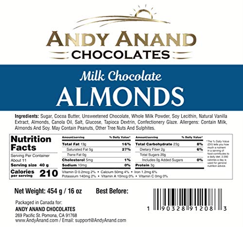 Andy Anand’s Chocolates - Premium California Almonds covered with Gourmet Chocolate in Gift Basket, All-Natural and Certified Made from Natural Ingredients (1 lbs)