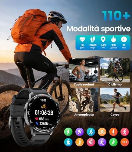Smartwatch Uomo Militare, 800 mAh, Touchscreen HD 1.7", Luce LED, Funzione Telefono, Monitoraggio Cardiaco/Sonno, IP68, 110+ Modalità Sportive, Compatibile Android/iOS