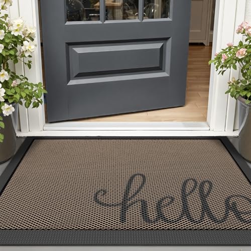 LUMI Tapete de Puerta de Bienvenida Exterior de 43 x 76 cm, Antideslizante, Duradero, de Goma, de Perfil bajo, fácil de Limpiar para Puerta Delantera, Trasera, Entrada, Porche, cochera, Hello