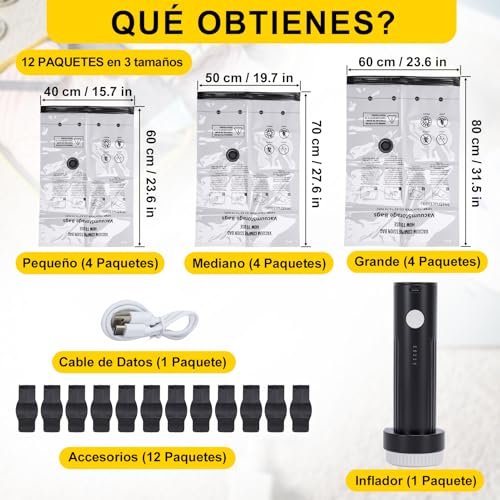 MEKOTRIN Bolsas de Almacenamiento de Vacío Bolsas de Compresión de Vacío Espesas con Bomba de Aire Eléctrica Inalámbrica Negra para Viajar a Casa (4 Grandes + 4 Medianos + 4 Pequeños)