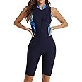 Women's Boyleg Racerback One Piece Swimsuit Knee Length Zip Front Sports Bathing Suit