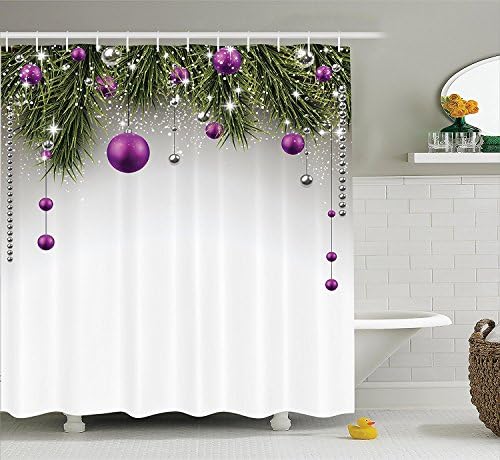 Christmas Shower Curtain Hooks, Classical Christmas Ornaments and Baubles On Chritmas Tree Shower Curtain