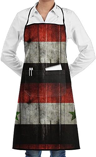 Retro Wood Syrian Flag Apron Lace Adult Mens Womens Chef Adjustable Polyester Long Full Black Cooking Kitchen Aprons Bib With Pockets For Restaurant Baking Crafting Gardening BBQ Grill