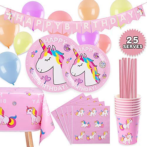Unicorn Party Supplies Unicorn Birthday Decorations Set Includes Disposable Paper Plates, Cups, Napkins, Straws, Tablecloth, Decorations Balloons, Decorations Bunting, Serves 25, 177PCS
