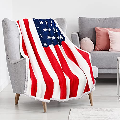 US Flag Patriotic Sherpa Throw American Flag Blanket, Super Cozy Fleece