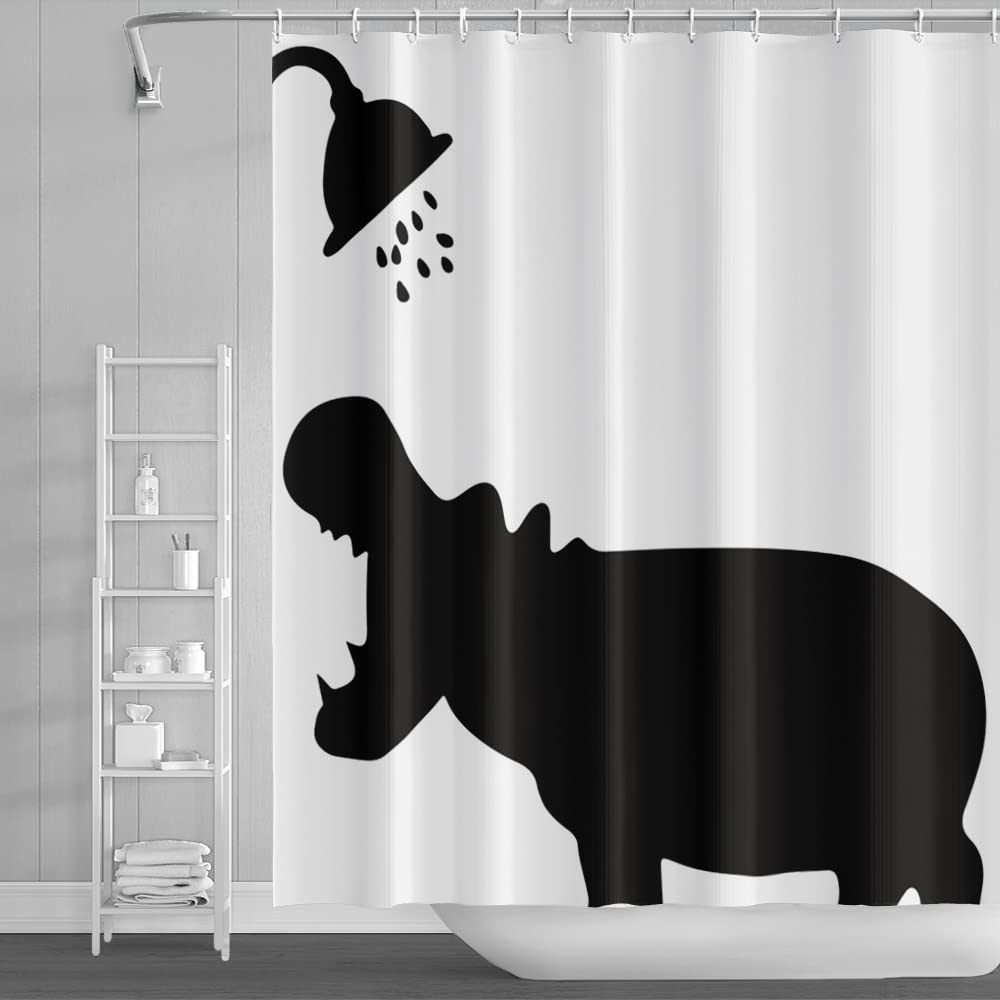 SDOTPMT 122x183cm Animal Silhouette Shower Curtain Funny Hippo Showering Bath Curtain Wild Animal White Bathtub Curtain for Boy Girl Bathroom Decor Waterproof with Hooks