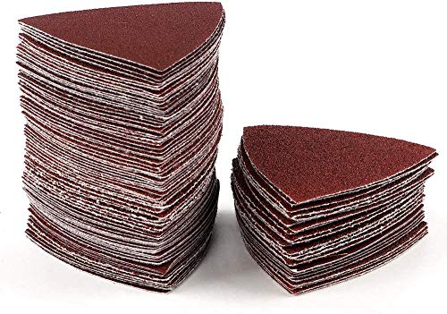 Coceca 100pcs Triangular Hook and Loop Multitool Sandpaper for Wood Sanding Fit 3-1 8 Inch Oscillating Multi Tool Sanding Pad