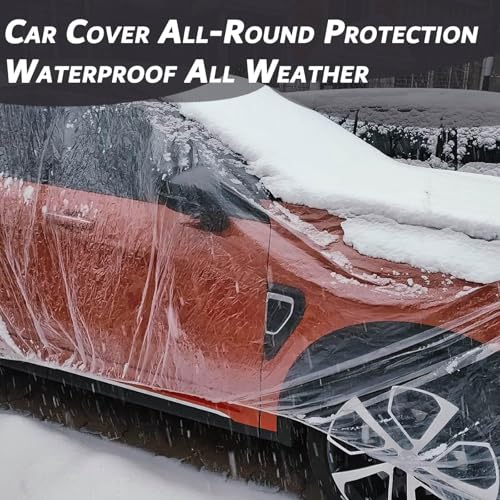 4Pack- Universal Disposable Car Cover Waterproof All Weather, Clear Plastic Car Cover, Car Covers for Automobiles Light Weigh, Rain Dust Garage Cover with Elastic Band (LL 15.7 Ft * 24.6 Ft)