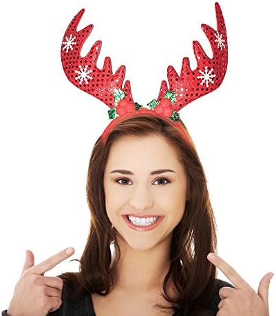 Santacon Christmas Party Reindeer Antler Headband, Red or Green, Fabric &amp; Sequins, 11 1/2" by 11 1/2", Pack of 1