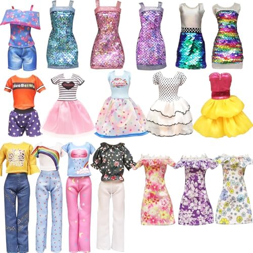 Carreuty 20 Pcs Doll Clothes and Accessories for Barbie Handmade 3 Sequins  Dresses 4 Fashion Dresses 3 Tops and Pants Casual Outfits 10 Shoes for 11.5  inch Girl Dolls in Random price