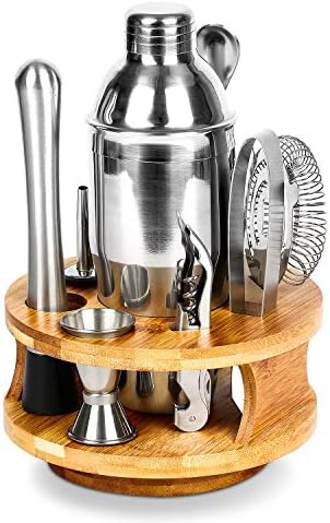 Cocktail Shaker Set, 10-Piece Bartender Kit with Stylish Bamboo stand, 360 degree Rotating, Perfect Home Bartender kit and Cocktail Shaker Set For an Awesome Drinking Experience, Best Gift Choice.