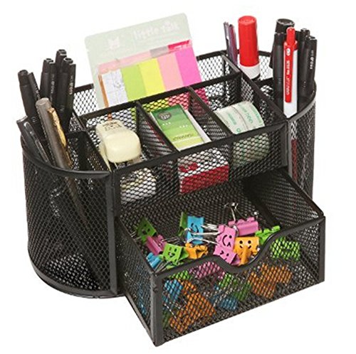 Space Saving Desk Tidy Multi-Functional Metal Wire Mesh 9 Compartment Office/School Supply Desktop Organizer Caddy W/Large Drawer (Black)
