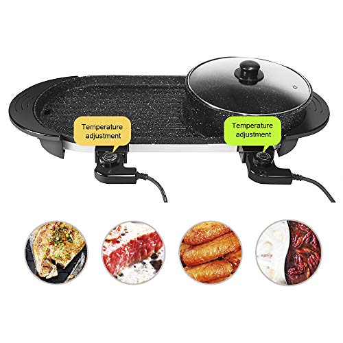 Portable Electric Grill Hot Pot 2in1 Fast Heat Shabu Pot BBQ Smokeless Grill Non-Stick Pan for Indoor and Outdoor Barbecue HotPot 2000W