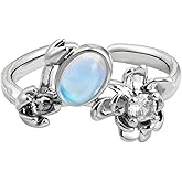 Zikichiky Silver Moonstone Flower Open Ring Silver Adjustable Boho Gemstone Rings for Women Moonstone Jewelry Valentine's Day