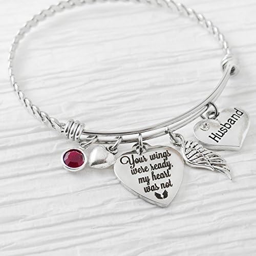 Loss of Husband Gifts, Memorial Jewelry, Your wings were ready my heart was not Bangle Bracelet, Expandable Charm bracelet, Angel Wing Jewelry for Woman, Memory Bracelet