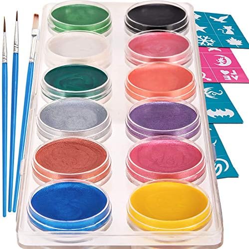 Blue Squid Face Paint Kit for Kids - 12 Metallic Facepaints, 30 Stencils, 3 Brushes, Safe Facepainting for Sensitive Skin, Professional Quality Body Paints, Halloween Makeup Paint Supplies