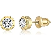 Hypoallergenic Stud Earrings for Women, 14k Gold Plated 925 Sterling Silver Posts Ear Studs, Small Cubic Zirconia Stud Earrings, Women'S CZ Round Bezel Set Earrings