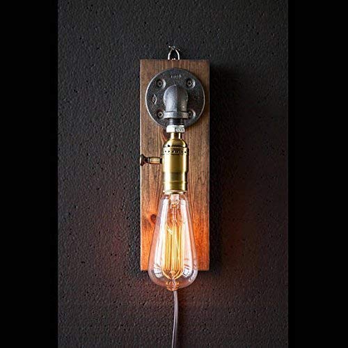 Industrial Steampunk wall sconce pipe lamp with globe Edison bulb and weathered wood base