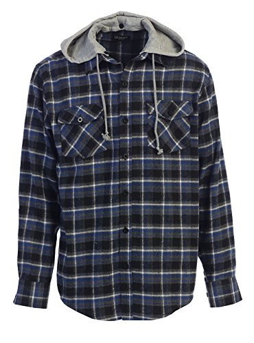 Gioberti Men's Hooded Plaid Flannel Shirt, Black / Blue Highlight, XX Large