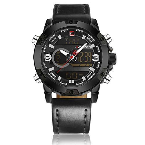 NAVIFORCE Original LED multi-function Men's Sports Casual Waterproof Leather Week Date Wrist Watch 9097 (Black all black)