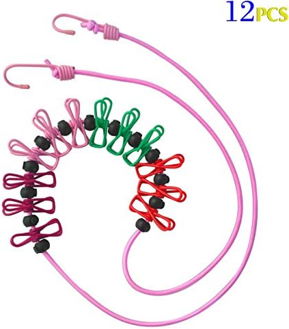 Travel Stretchable Clothesline Curtains hang rope with Clothespins Windproof Elastic Hanger Anti-skid Adjustable Laundry Baby Sock Line for Indoor Outdoor Drying Clothes Towels(12 pcs)