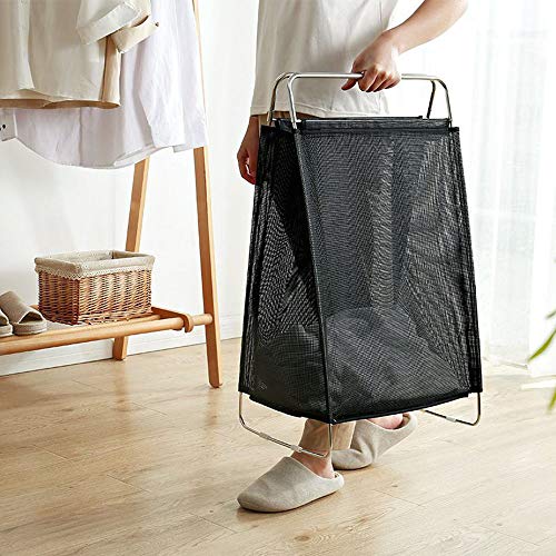 KINGBERWI Large Laundry Basket Woven Mesh Laundry Hamper, Storage Washing Bin Clothes Bag, Black