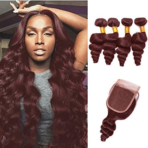 99J Burgundy Loose Wave Human Hair Wefts 4 Bundles With 4x4 Lace Closure Brazilian Hair Extentions Red Wine Color Free Part 4x4 Hand tied Lace Closure (12"12"12"12"+12"closure, Burgundy/99J)