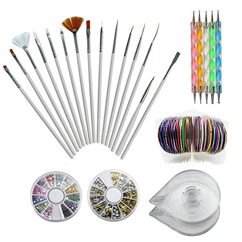 Nail Art Kit Includes 30 Nail Striping Tape with 2 Dispensers 5 Dotting Pens 15 Nail Art Brushes 1 Box Of 12 Colors Nail Rhinestones And 1 Box Of 3D Sliver/Gold Nail Art Studs (Nail Art Kit)