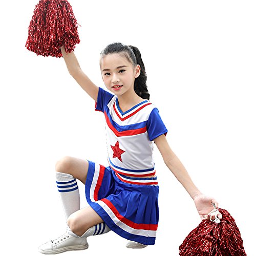 Girls Cheerleader Costume Uniform Youth Star Cheerleading Outfit Match PomPoms (6x-7, Short sleeve)