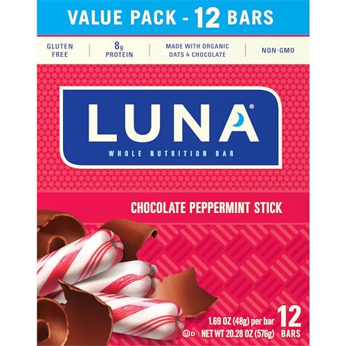 LUNA BAR – CHOCOLATE PEPPERMINT STICK FLAVOR – GLUTEN FREE SNACK BARS – NON-GMO – PROTEIN BARS – MADE WITH ORGANIC OATS – VALUE PACK (12 PACK)