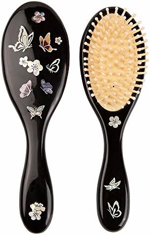Antique Alive Mother Of Pearl Inlay Art Butterfly Luxury Oval Black Women girl Kids Hair Brush Detangling Anti Static Scalp Massage Comb Wooden Handle Bristle Cushion Hairbrush