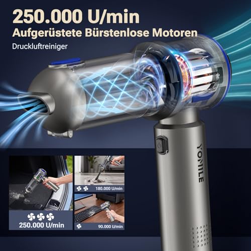 Yomile Wireless Car Vacuum Cleaner, 27000Pa Mini Handheld Vacuum Cleaner with 135 W Motor, 4-in-1 Battery Vacuum Cleaner & Compressed Air Blower, Portable Car Vacuum Cleaner for Vehicle, Office and Home, with HEPA Filter