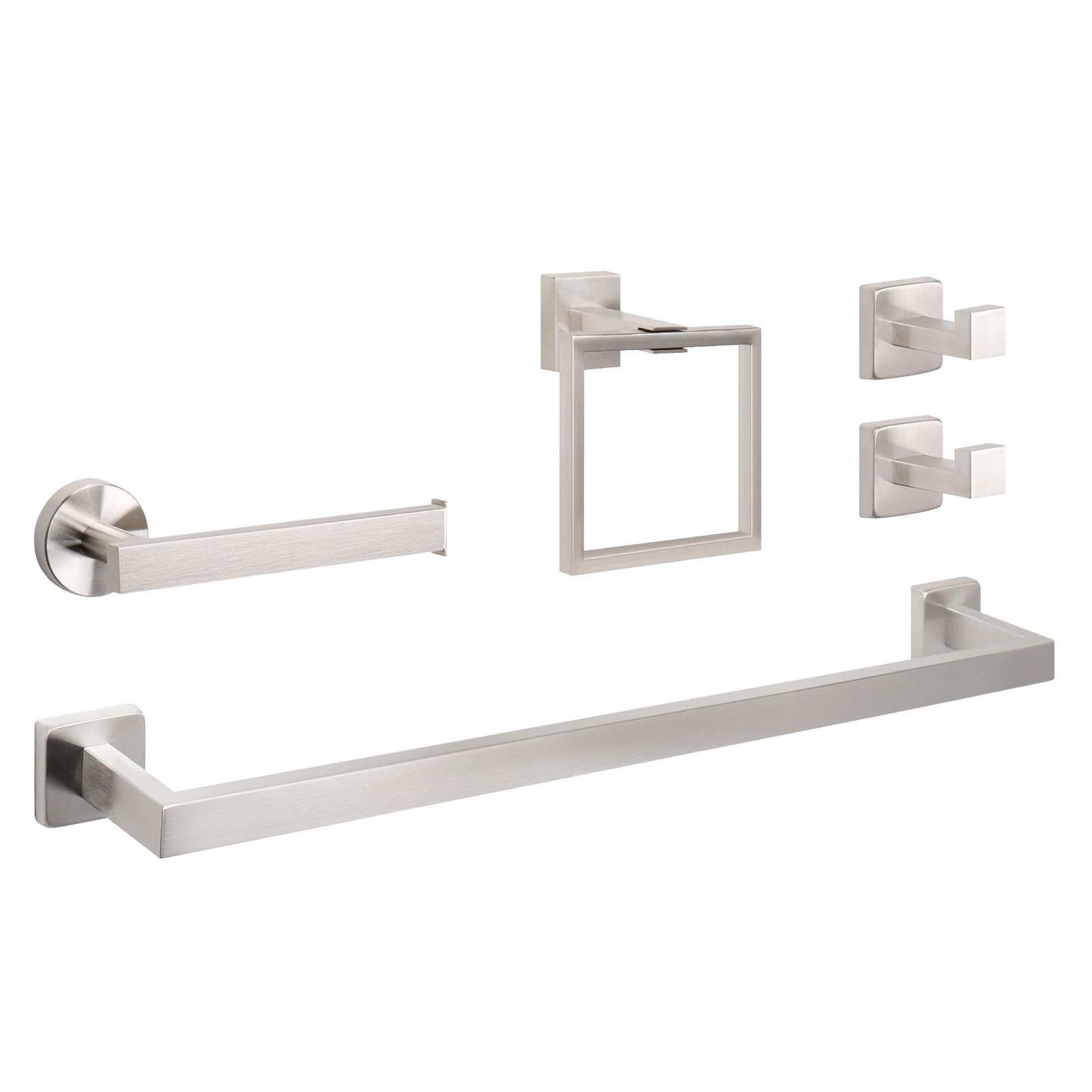 Photo 1 of **FOR PARTS ONLY/ NON-FUNCTIONAL*** NearMoon 5 Pieces Bathroom Hardware Set 304 Stainless Steel, Square Towel Rack Kit - 24" Towel Rod + Towel Ring + Toilet Paper Holder + 2 Robe Hooks, Wall Mounted Bath Accessories (Brushed Nickel)